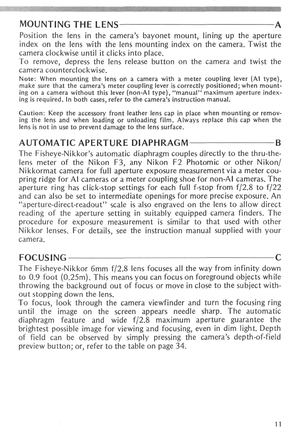 Automatic aperture diaphragm -b | Nikon Fisheye-NIKKOR 6mm f-2.8 User Manual | Page 11 / 36