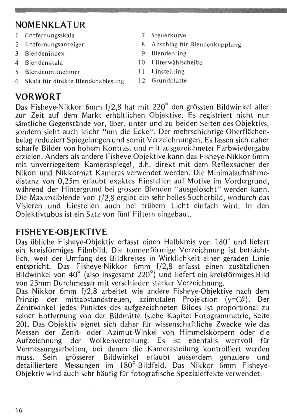 Nomenklatur, Vorwort, Fisheye-objektive | Nikon Fisheye-NIKKOR 6mm f-2.8 User Manual | Page 16 / 36