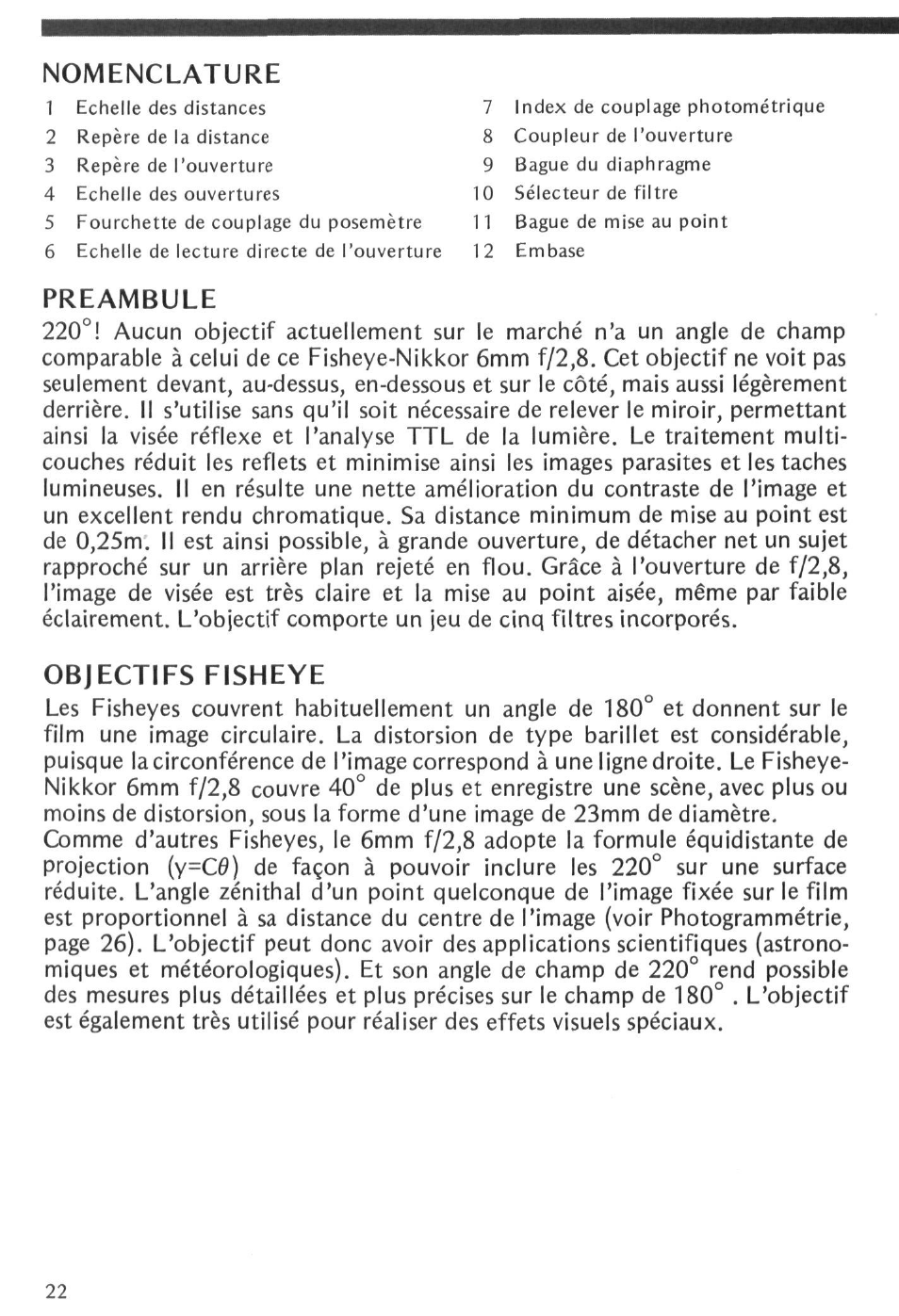 Preambule, Objectifs fisheye, Nomenclature | Nikon Fisheye-NIKKOR 6mm f-2.8 User Manual | Page 22 / 36