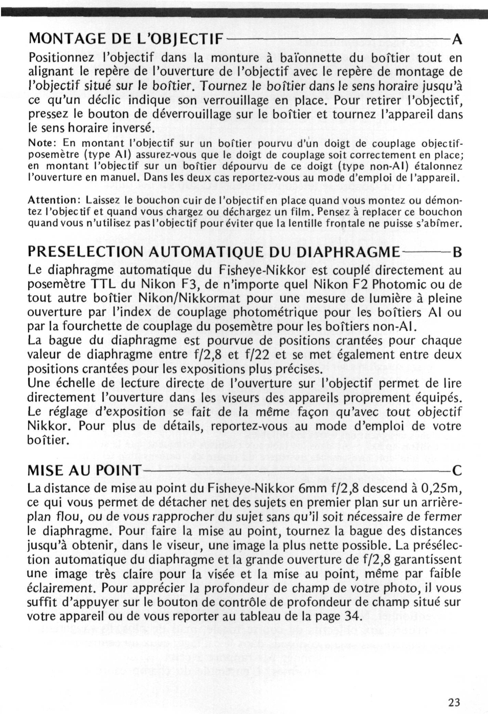 Preselection automatique du diaphragme b | Nikon Fisheye-NIKKOR 6mm f-2.8 User Manual | Page 23 / 36