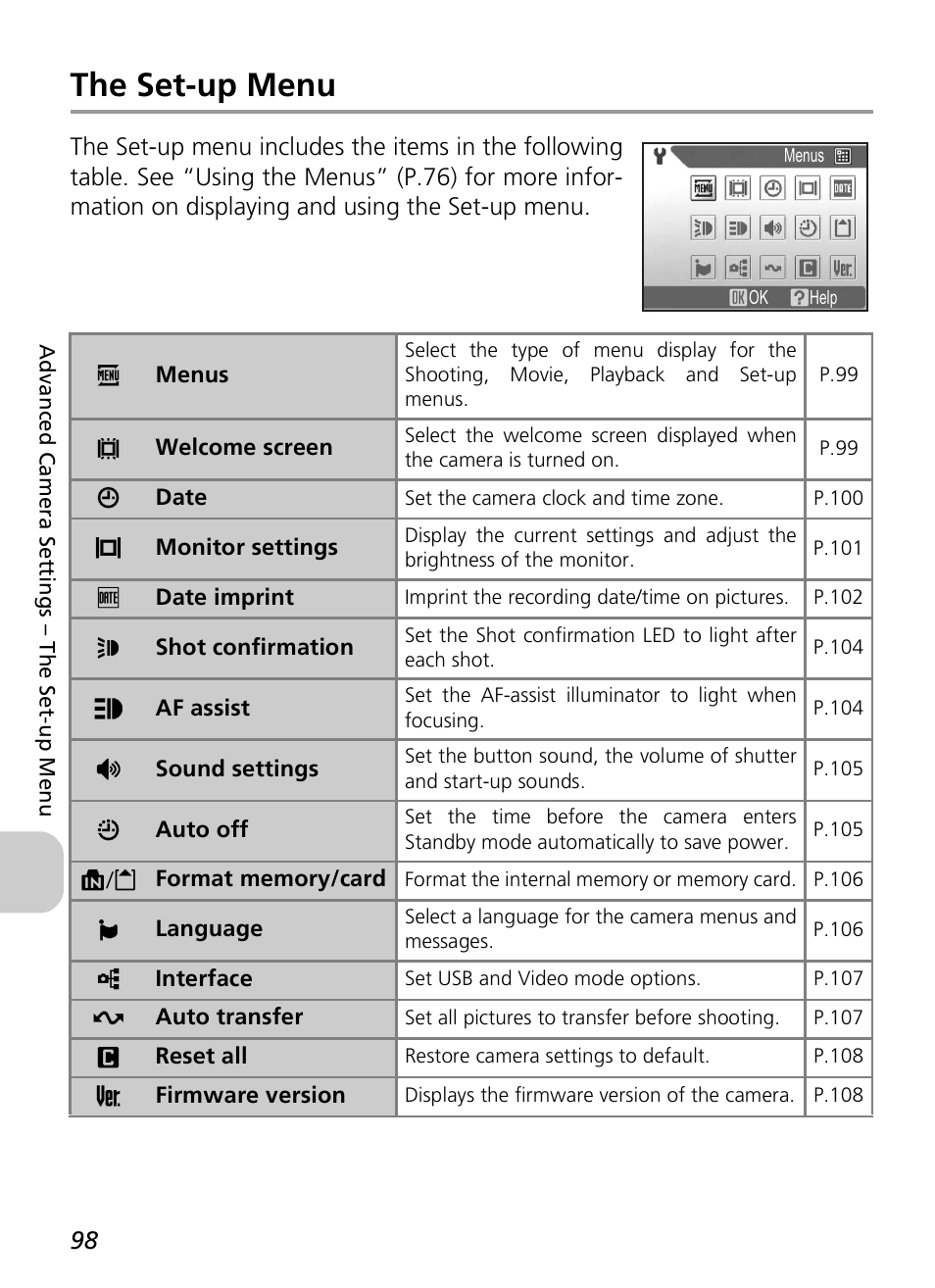 The set-up menu | Nikon P4 User Manual | Page 100 / 137