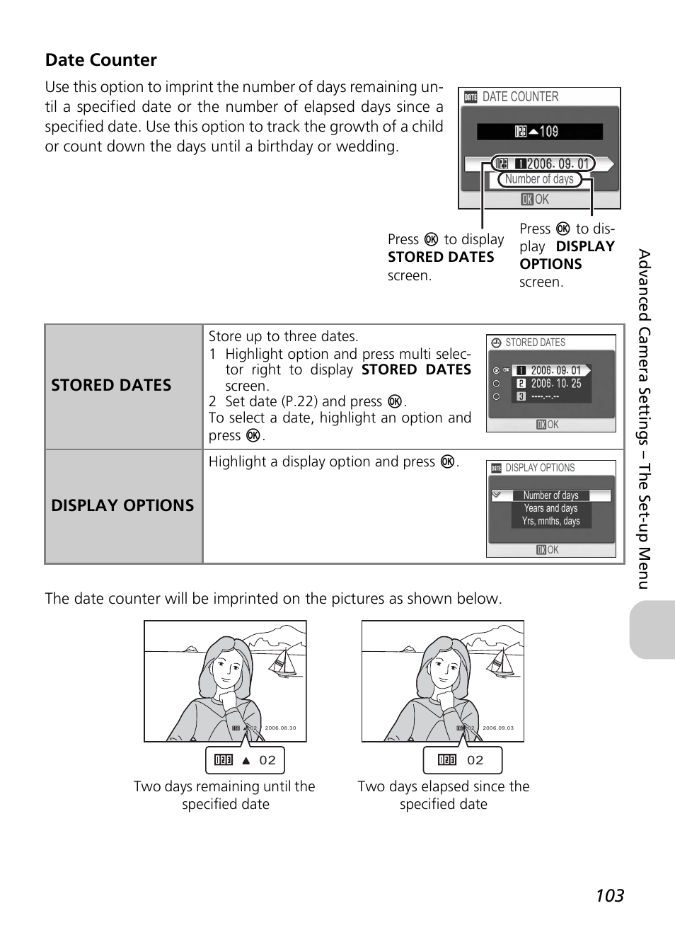 Date counter, Stored dates, Display options | Nikon P4 User Manual | Page 105 / 137