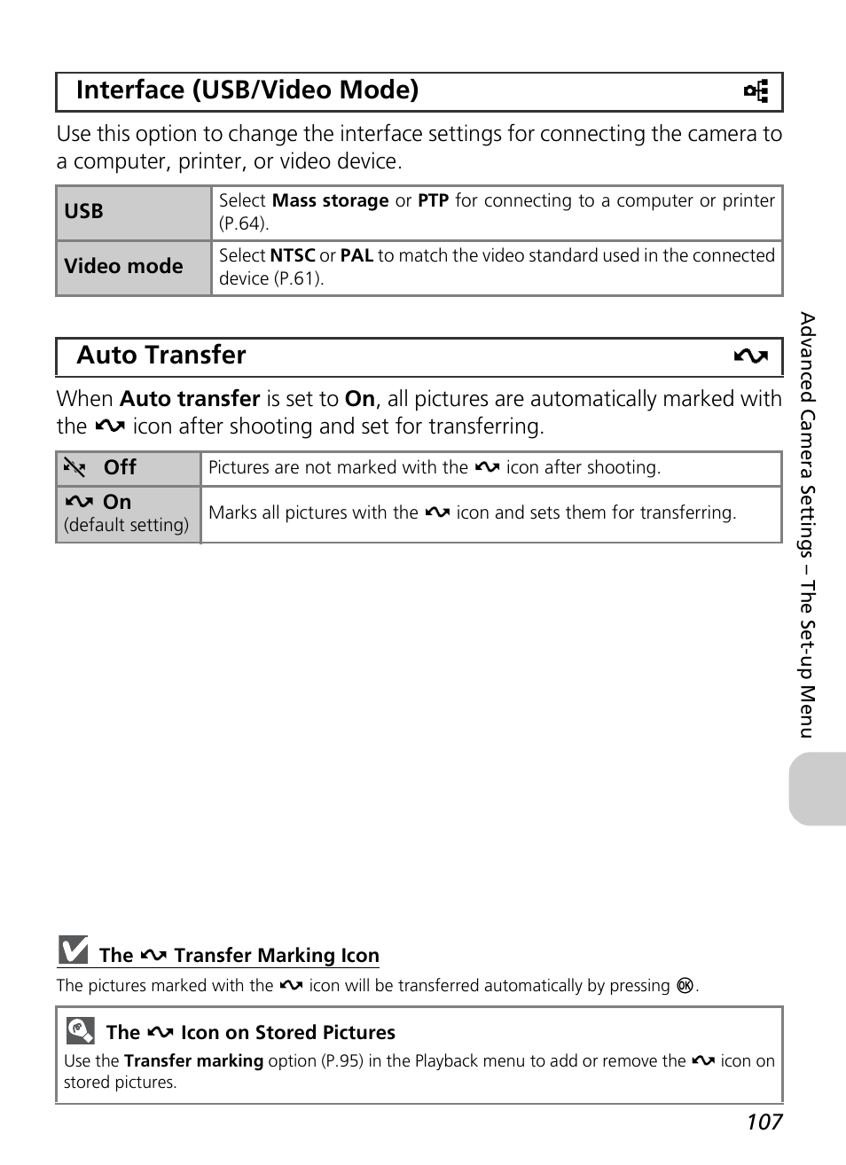 Interface (usb/video mode) k, Auto transfer e | Nikon P4 User Manual | Page 109 / 137