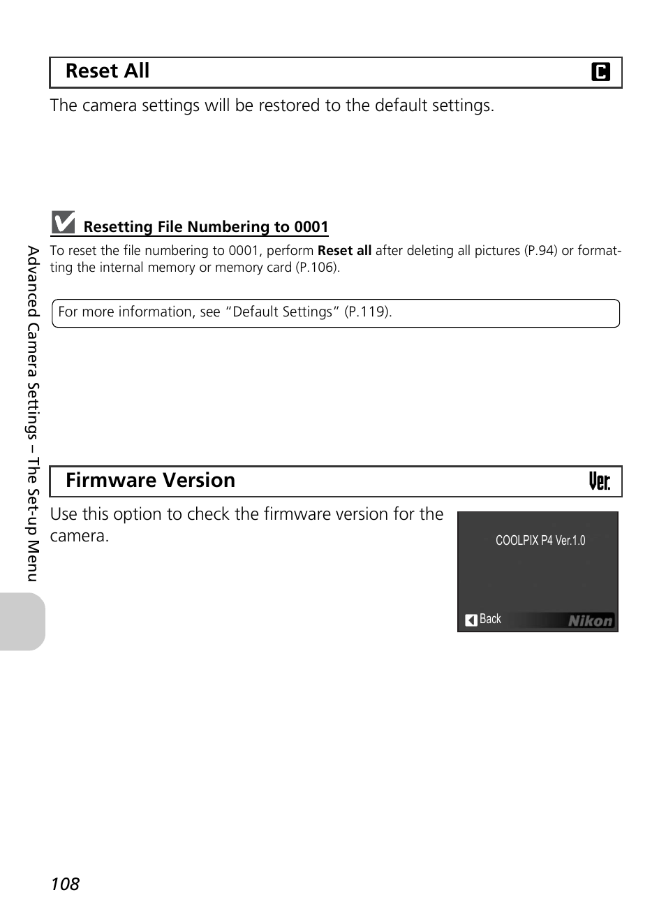 Reset all n firmware version b | Nikon P4 User Manual | Page 110 / 137