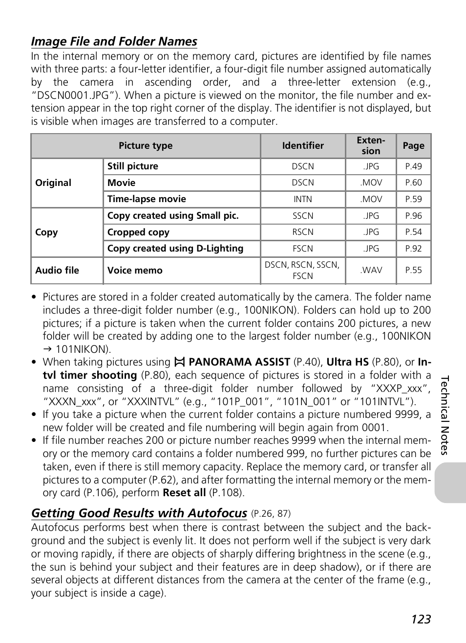 Image file and folder names, Getting good results with autofocus | Nikon P4 User Manual | Page 125 / 137