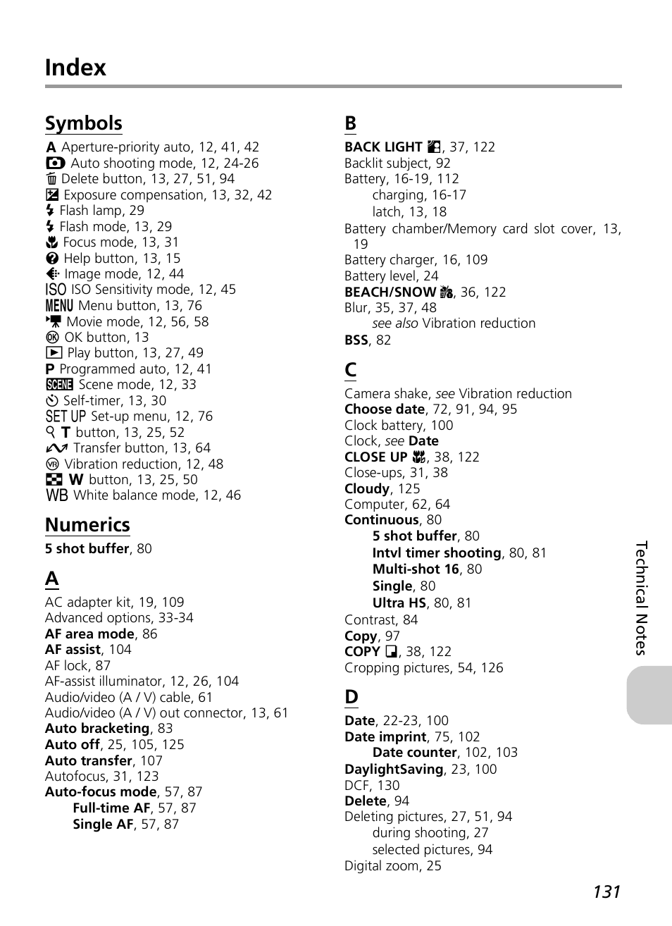 Index, Symbols, Numerics | Nikon P4 User Manual | Page 133 / 137