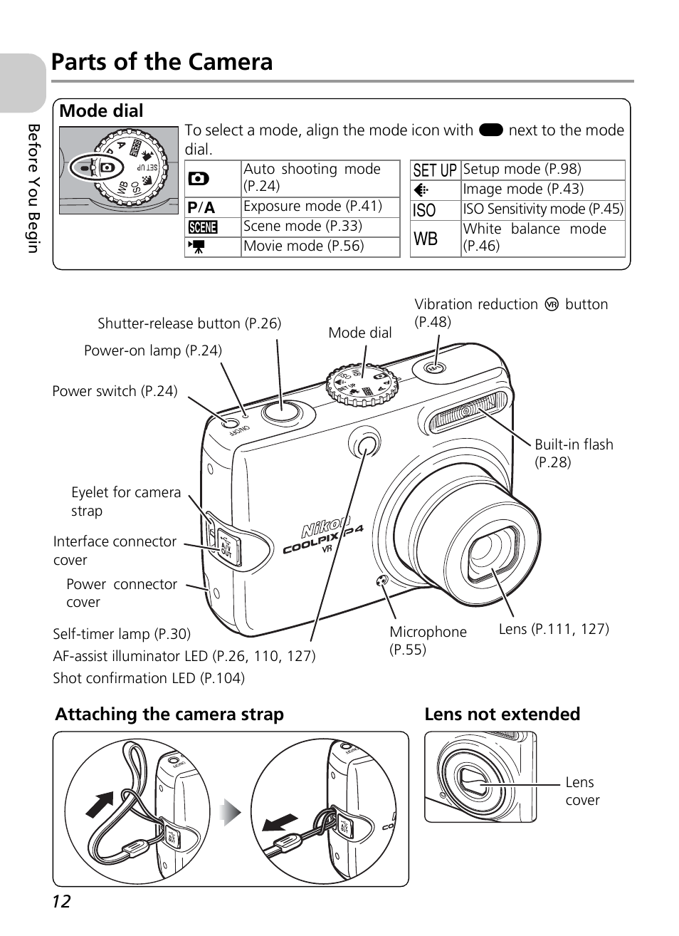 Parts of the camera, Attaching the camera strap lens not extended, Mode dial | Nikon P4 User Manual | Page 14 / 137