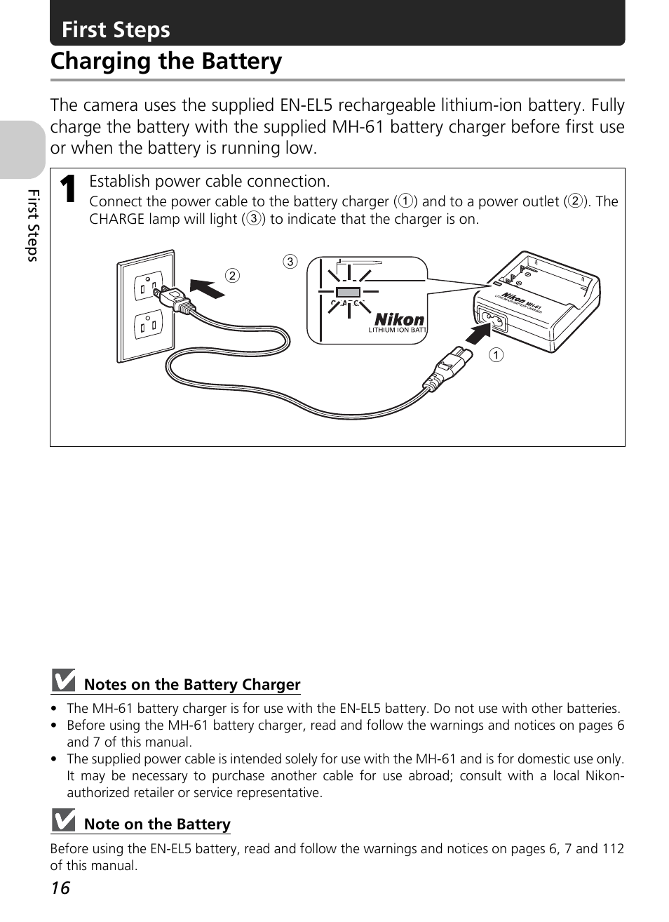 Charging the battery, First steps | Nikon P4 User Manual | Page 18 / 137