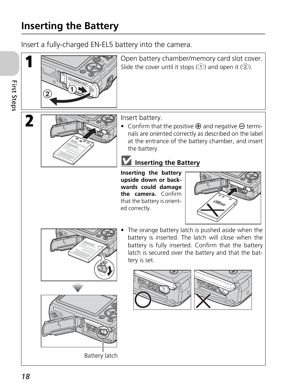 Inserting the battery | Nikon P4 User Manual | Page 20 / 137