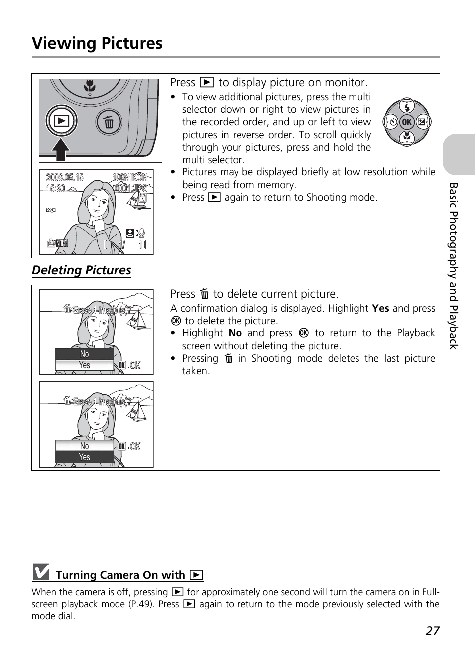 Viewing pictures, Deleting pictures | Nikon P4 User Manual | Page 29 / 137