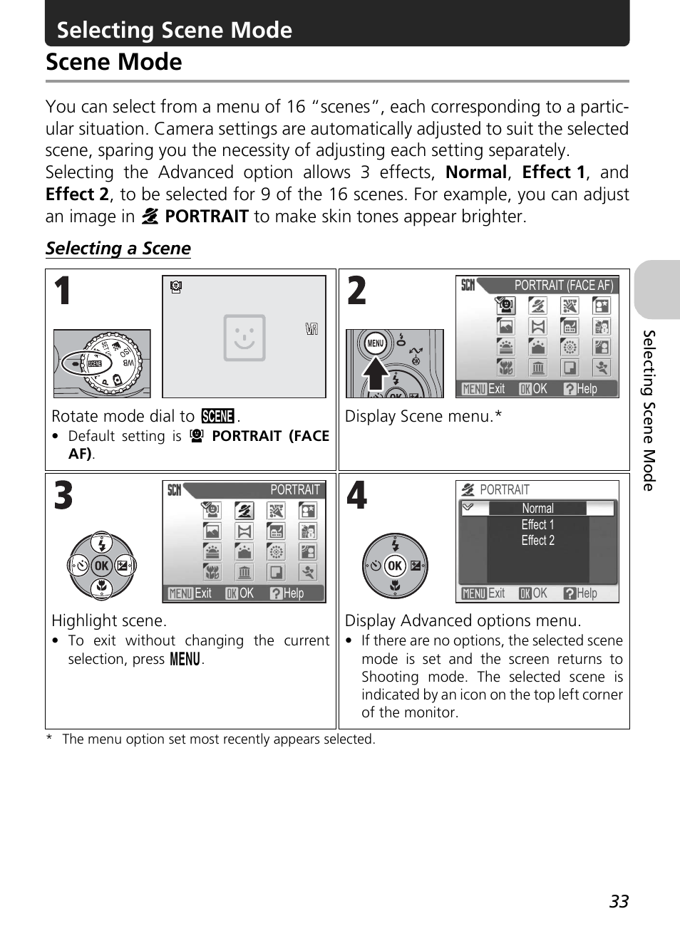 Scene mode, Selecting scene mode | Nikon P4 User Manual | Page 35 / 137