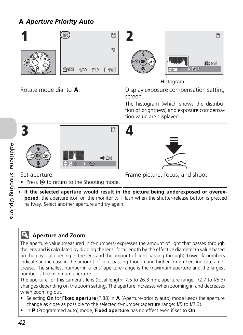 E aperture priority auto | Nikon P4 User Manual | Page 44 / 137