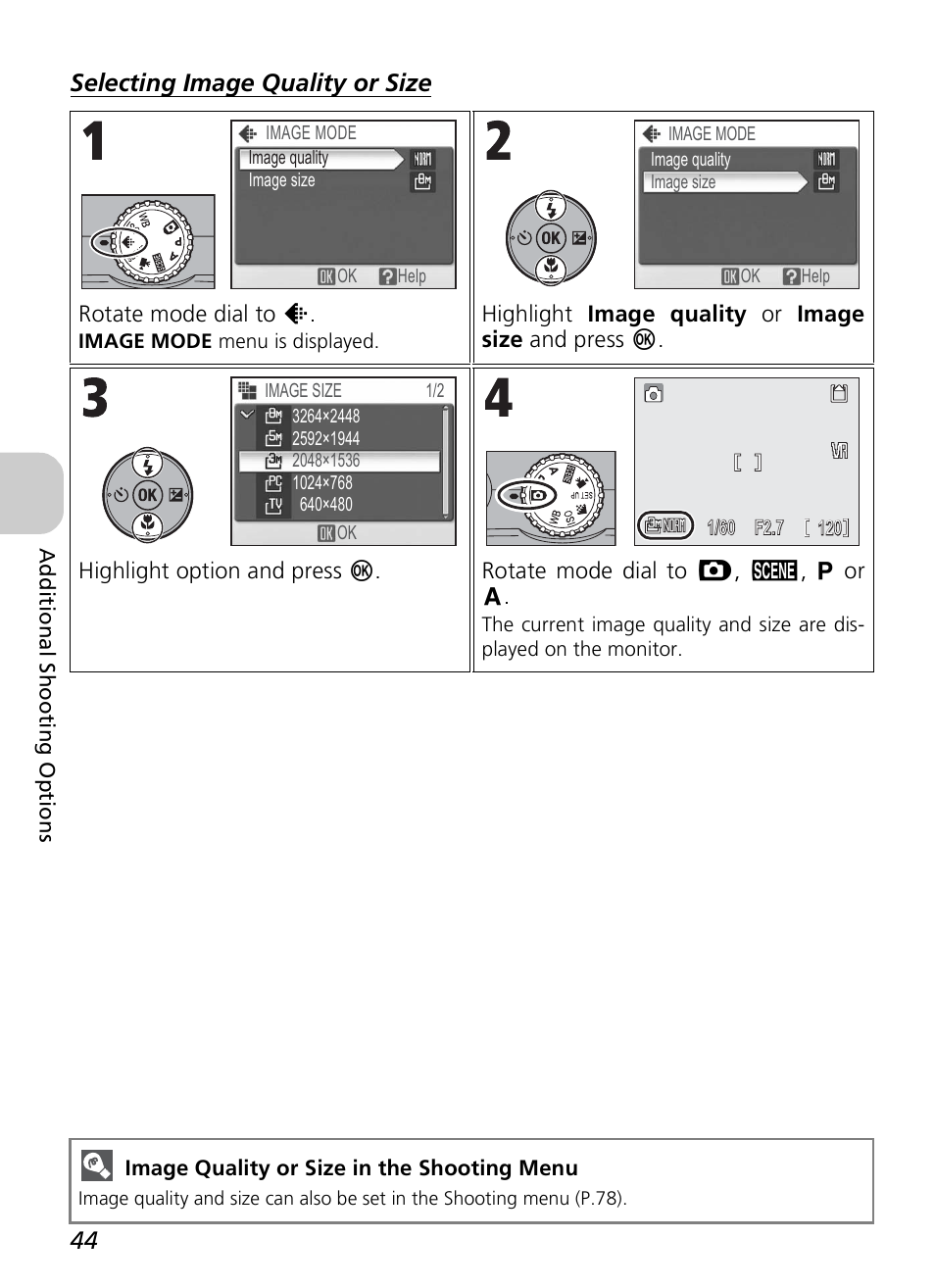 Selecting image quality or size | Nikon P4 User Manual | Page 46 / 137