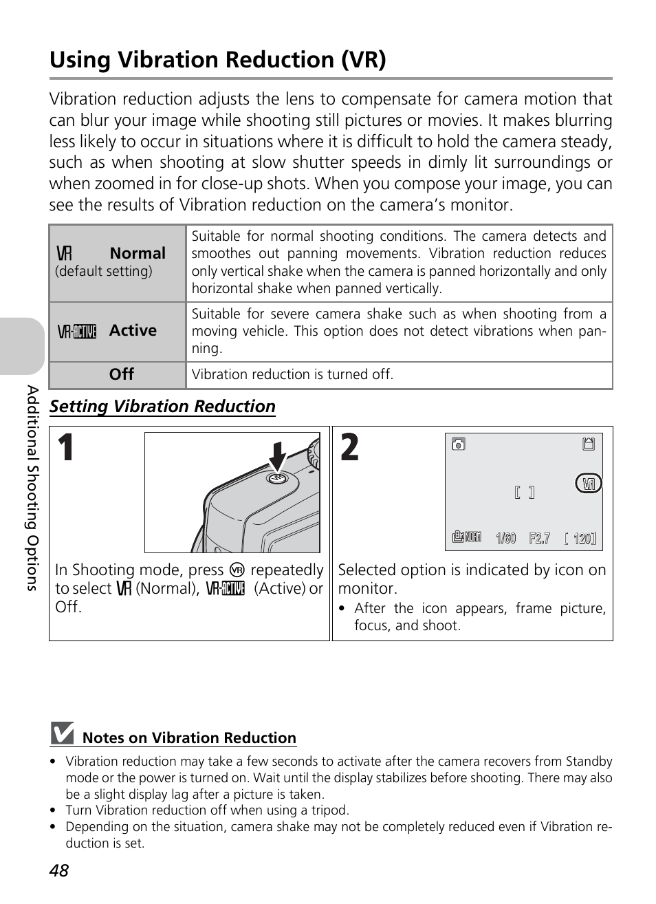 Using vibration reduction (vr) | Nikon P4 User Manual | Page 50 / 137