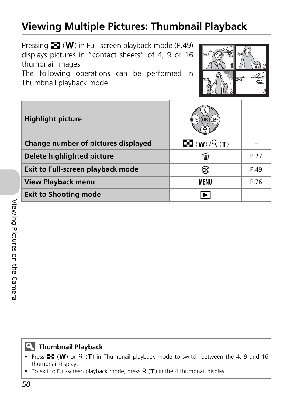 Viewing multiple pictures: thumbnail playback | Nikon P4 User Manual | Page 52 / 137