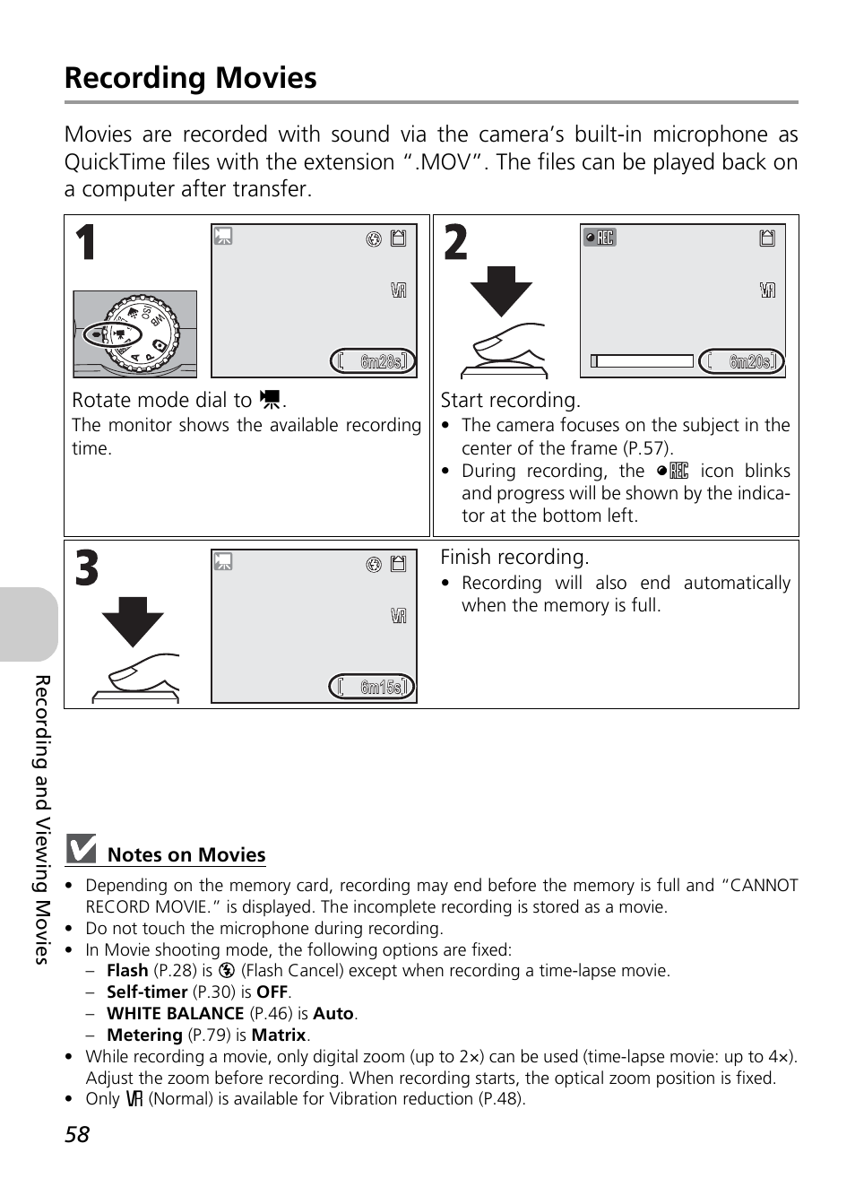 Recording movies | Nikon P4 User Manual | Page 60 / 137