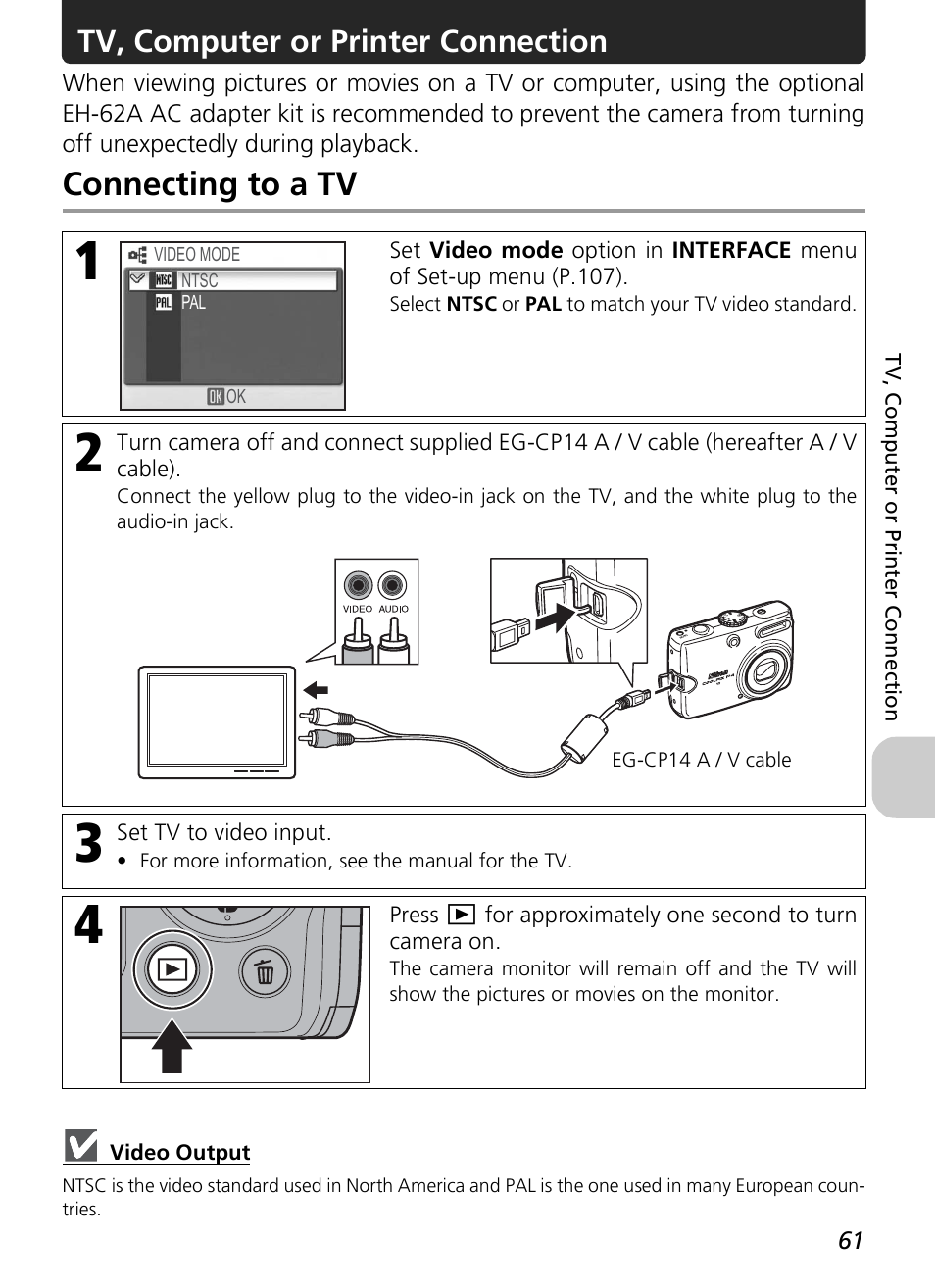 Connecting to a tv, Tv, computer or printer connection | Nikon P4 User Manual | Page 63 / 137