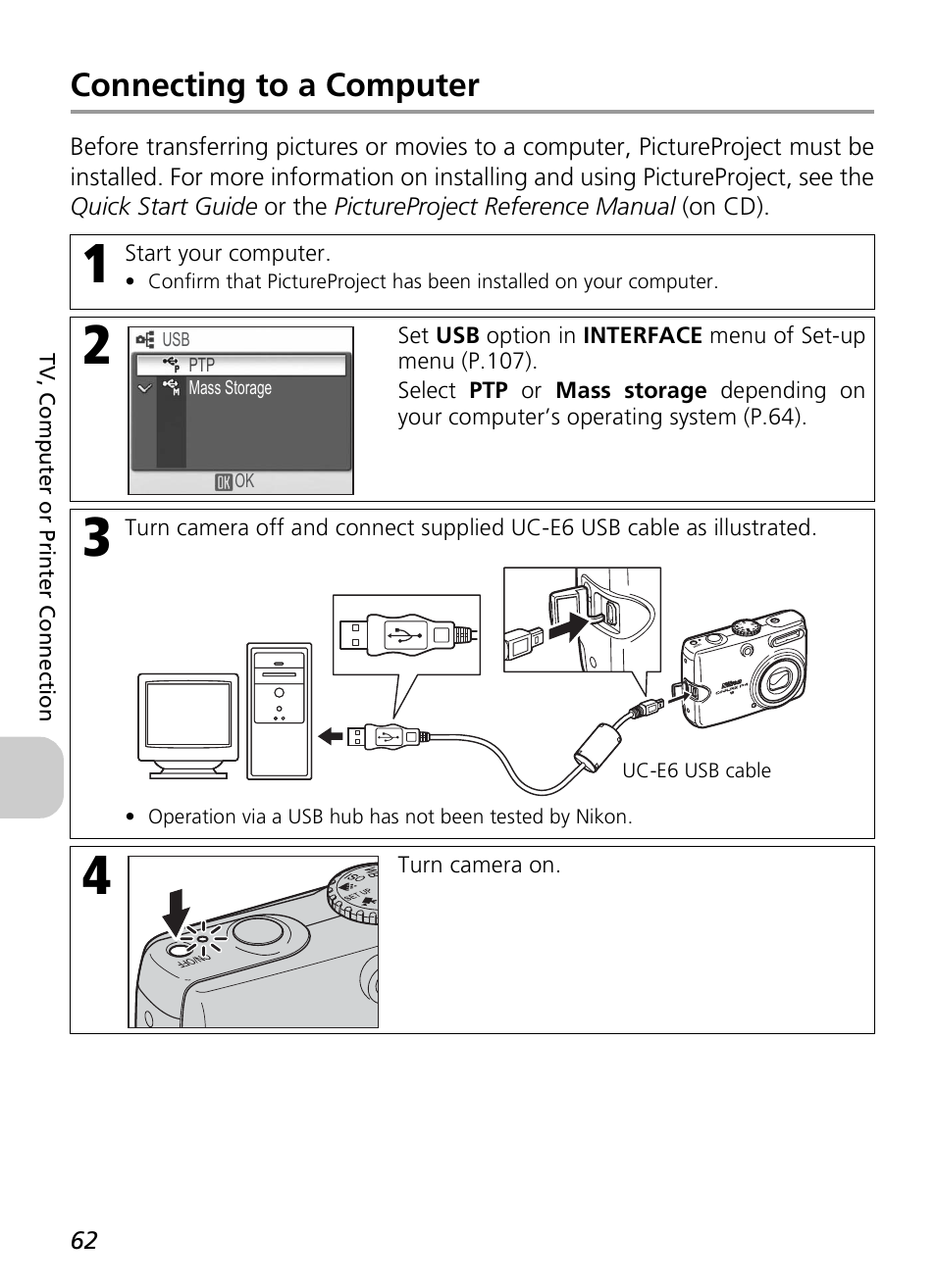 Connecting to a computer | Nikon P4 User Manual | Page 64 / 137