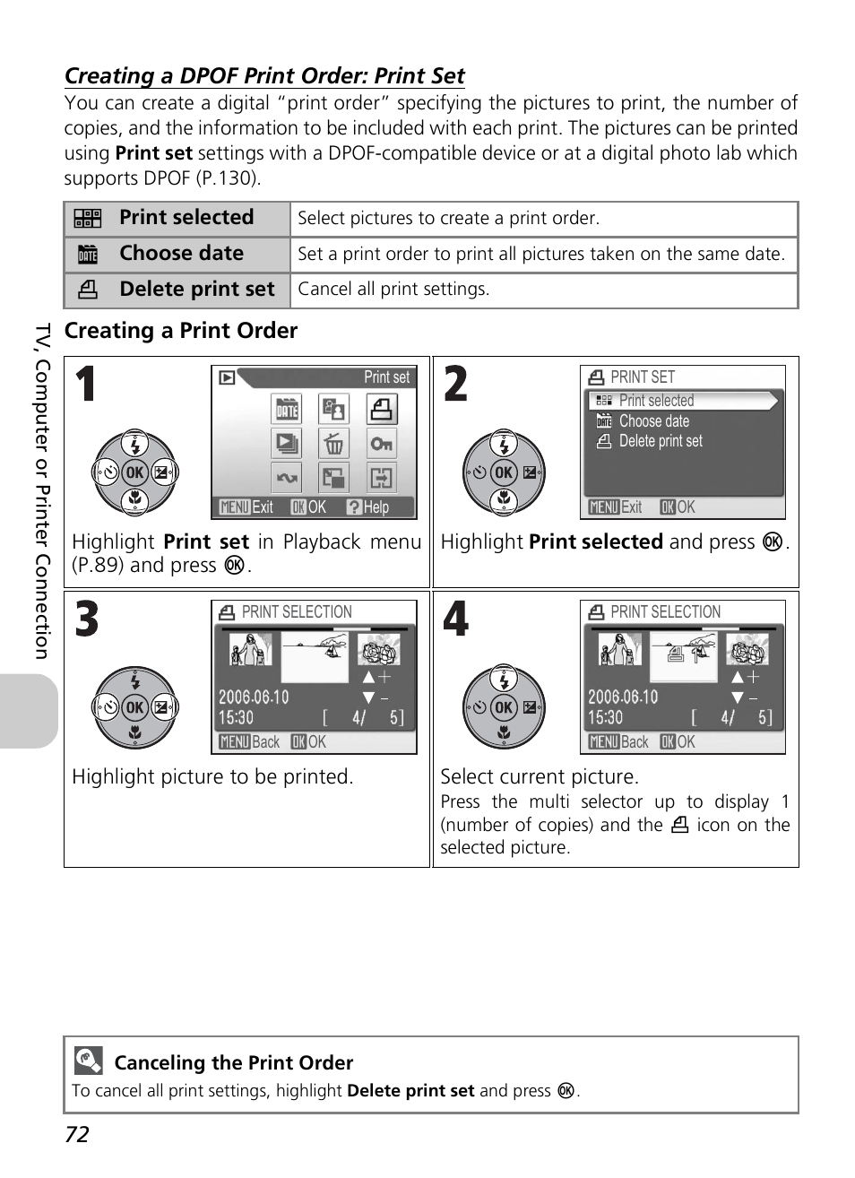 Creating a dpof print order: print set, Creating a print order | Nikon P4 User Manual | Page 74 / 137