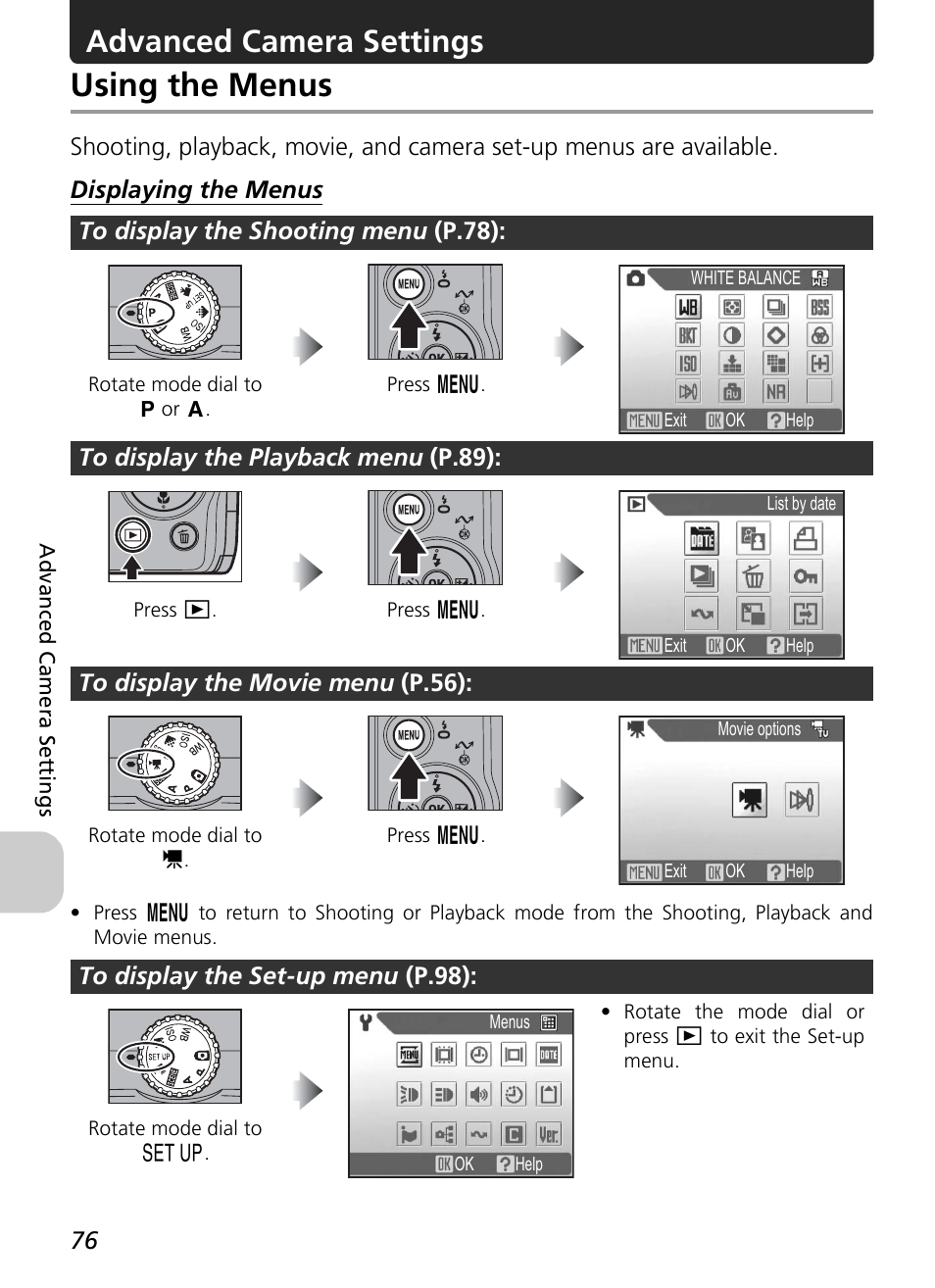 Using the menus, Advanced camera settings | Nikon P4 User Manual | Page 78 / 137