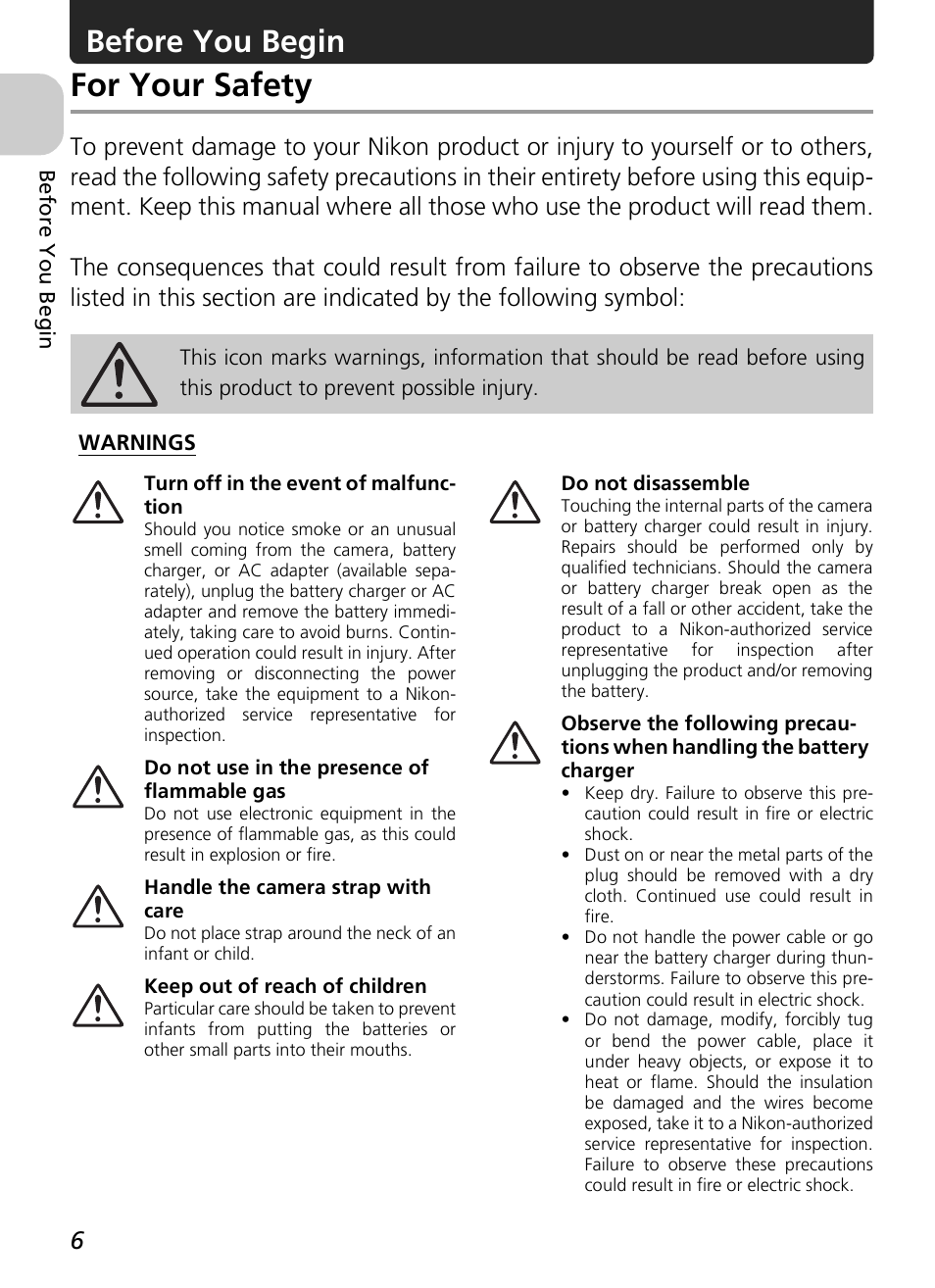 For your safety, Before you begin | Nikon P4 User Manual | Page 8 / 137