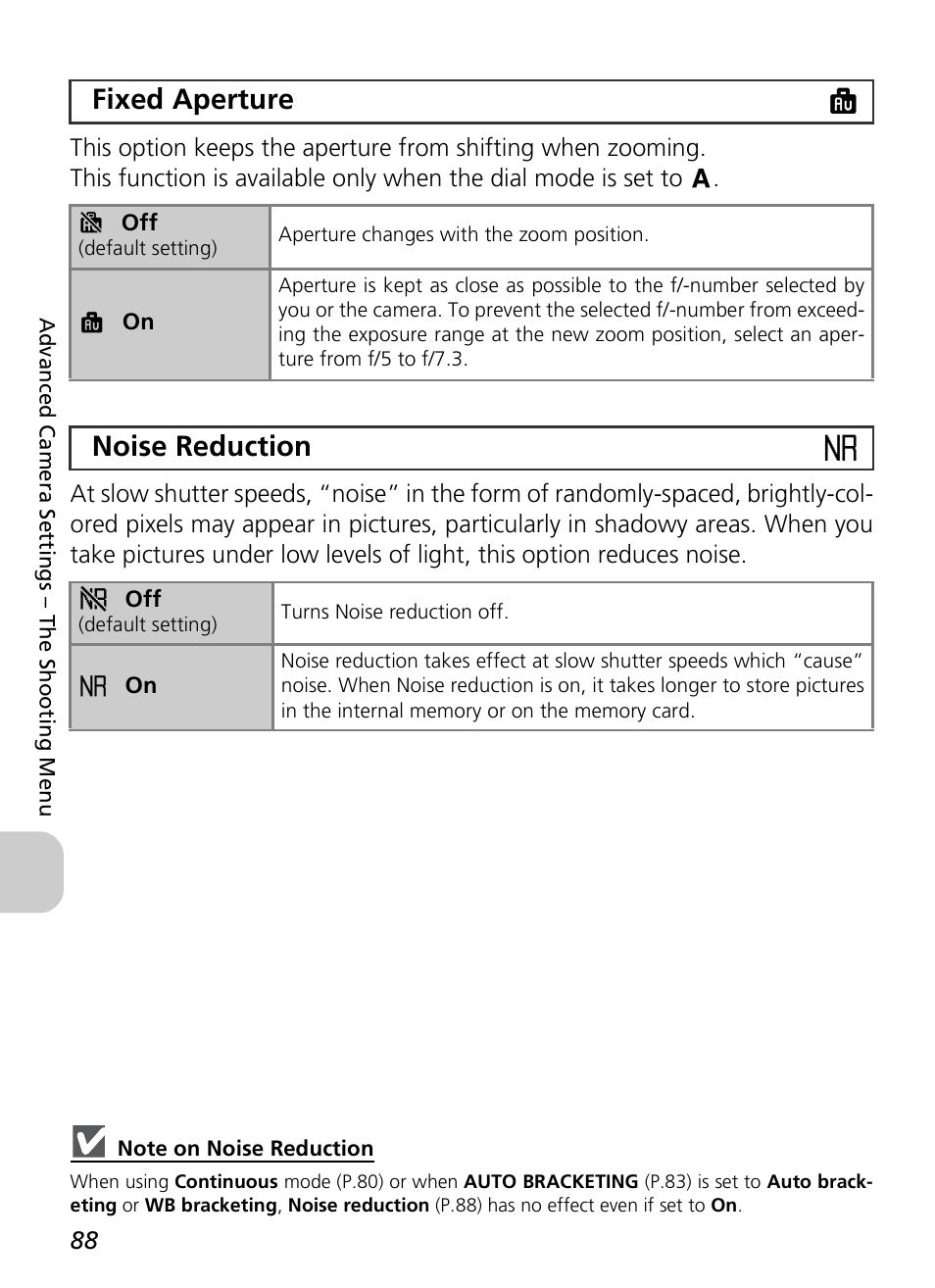 Fixed aperture i, Noise reduction o | Nikon P4 User Manual | Page 90 / 137