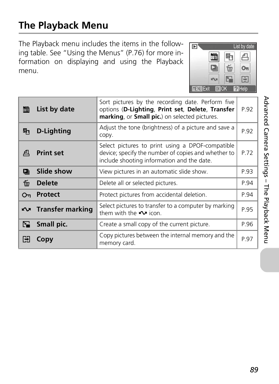 The playback menu | Nikon P4 User Manual | Page 91 / 137