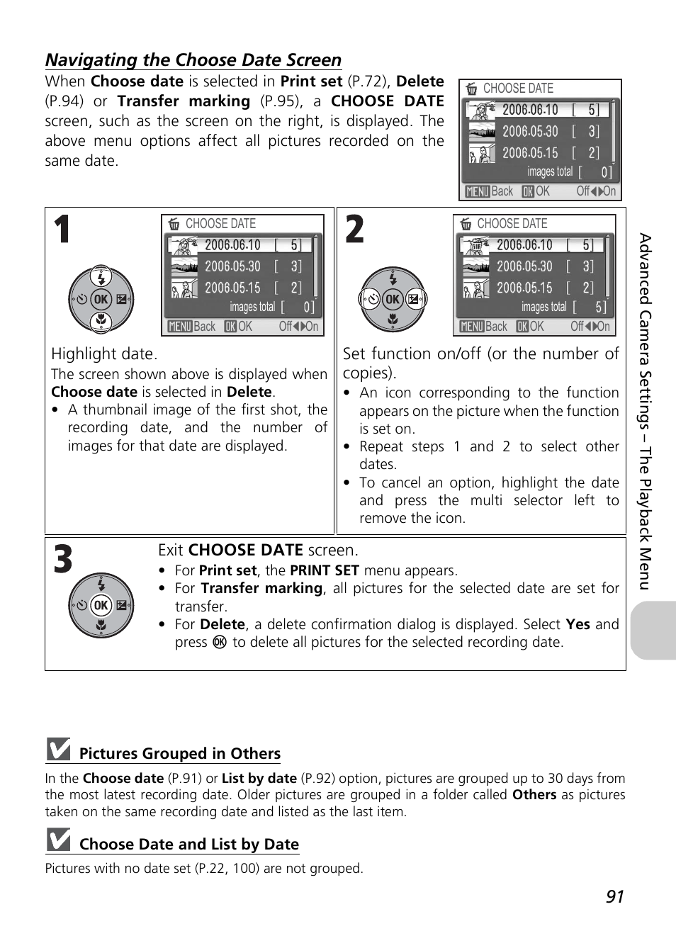 Navigating the choose date screen | Nikon P4 User Manual | Page 93 / 137