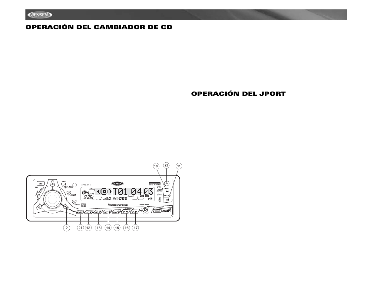 Mpx6411, Operación del cambiador de cd, Operación del jport | Audiovox MPX6411 User Manual | Page 36 / 58
