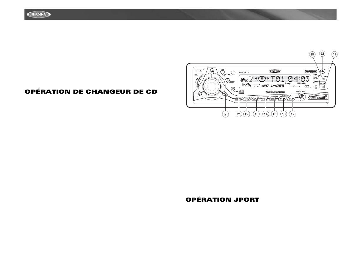 Mpx6411, Opération de changeur de cd, Opération jport | Audiovox MPX6411 User Manual | Page 54 / 58
