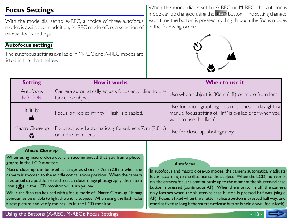 Focus settings | Nikon 800 User Manual | Page 13 / 53