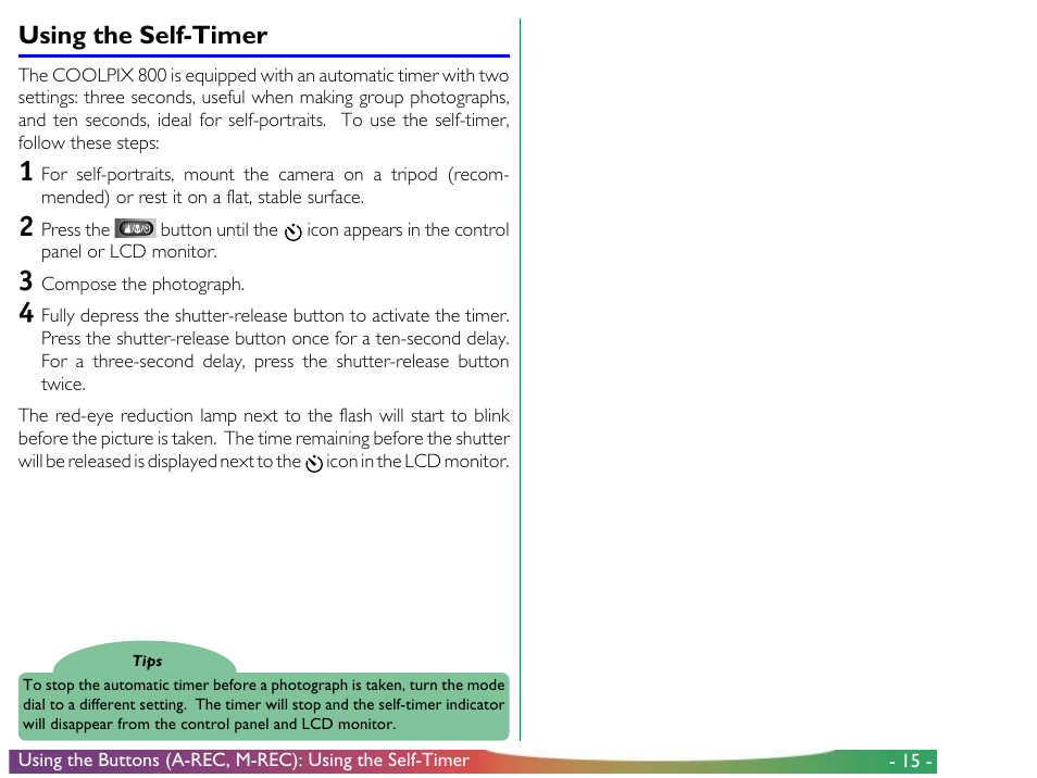 Using the self-timer | Nikon 800 User Manual | Page 15 / 53