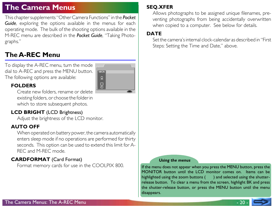 The camera menus, The a-rec menu | Nikon 800 User Manual | Page 20 / 53