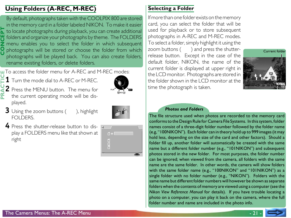Using folders (a-rec, m-rec) | Nikon 800 User Manual | Page 21 / 53