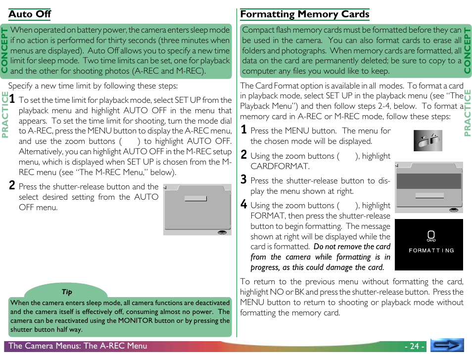 Auto off, Formatting memory cards | Nikon 800 User Manual | Page 24 / 53
