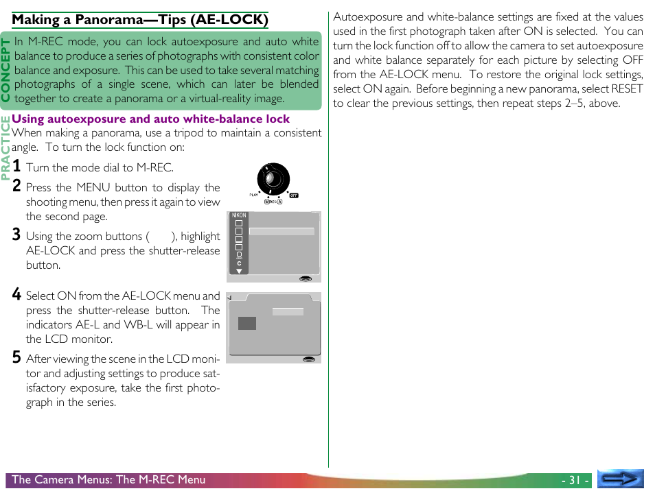 Making a panorama—tips (ae-lock), 31 - concept practice, Turn the mode dial to m-rec | Nikon 800 User Manual | Page 31 / 53