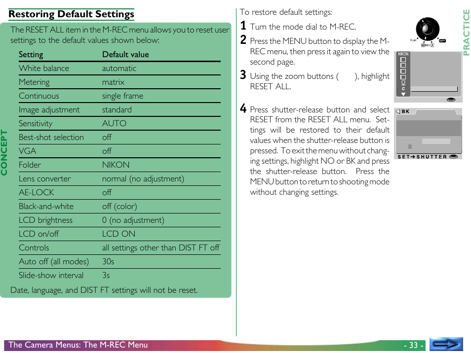 Restoring default settings | Nikon 800 User Manual | Page 33 / 53