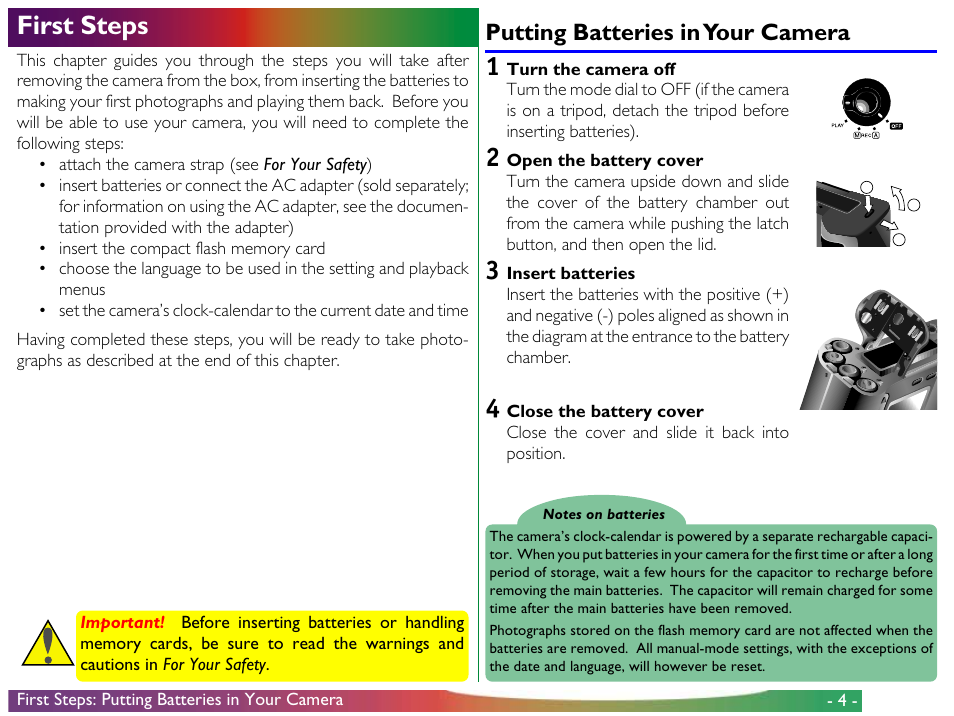 First steps, Putting batteries in your camera | Nikon 800 User Manual | Page 4 / 53