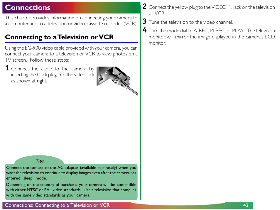 Connections, Connecting to a television or vcr | Nikon 800 User Manual | Page 43 / 53