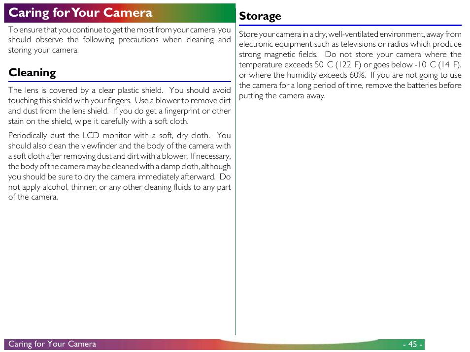 Caring for your camera, Cleaning, Storage | Nikon 800 User Manual | Page 45 / 53