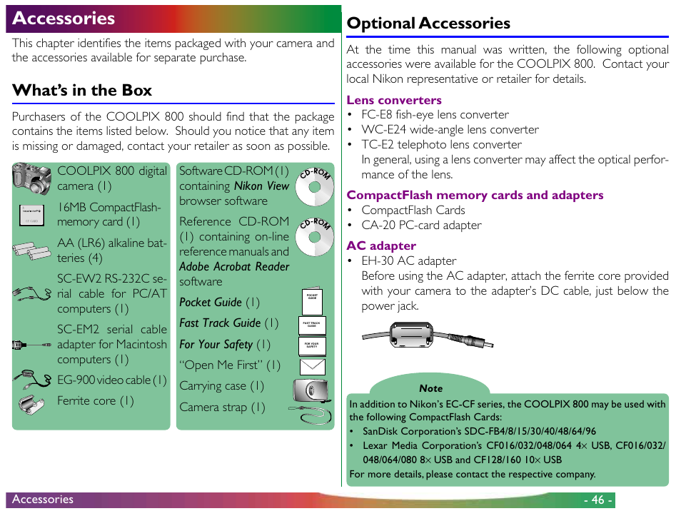 Accessories, What’s in the box, Optional accessories | Nikon 800 User Manual | Page 46 / 53