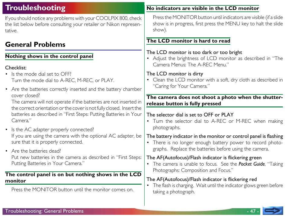 Troubleshooting, General problems | Nikon 800 User Manual | Page 47 / 53