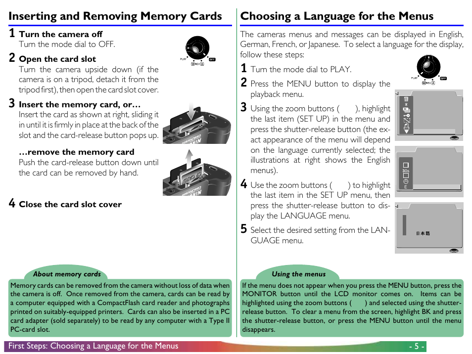 Inserting and removing memory cards, Choosing a language for the menus | Nikon 800 User Manual | Page 5 / 53