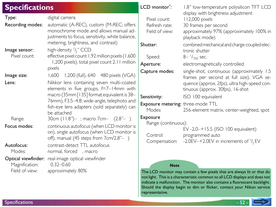Specifications | Nikon 800 User Manual | Page 52 / 53
