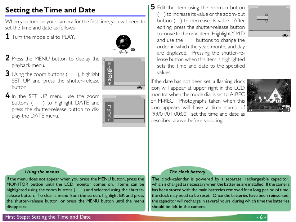 Setting the time and date, First steps: setting the time and date, Turn the mode dial to play | Press the menu button to display the playback menu | Nikon 800 User Manual | Page 6 / 53