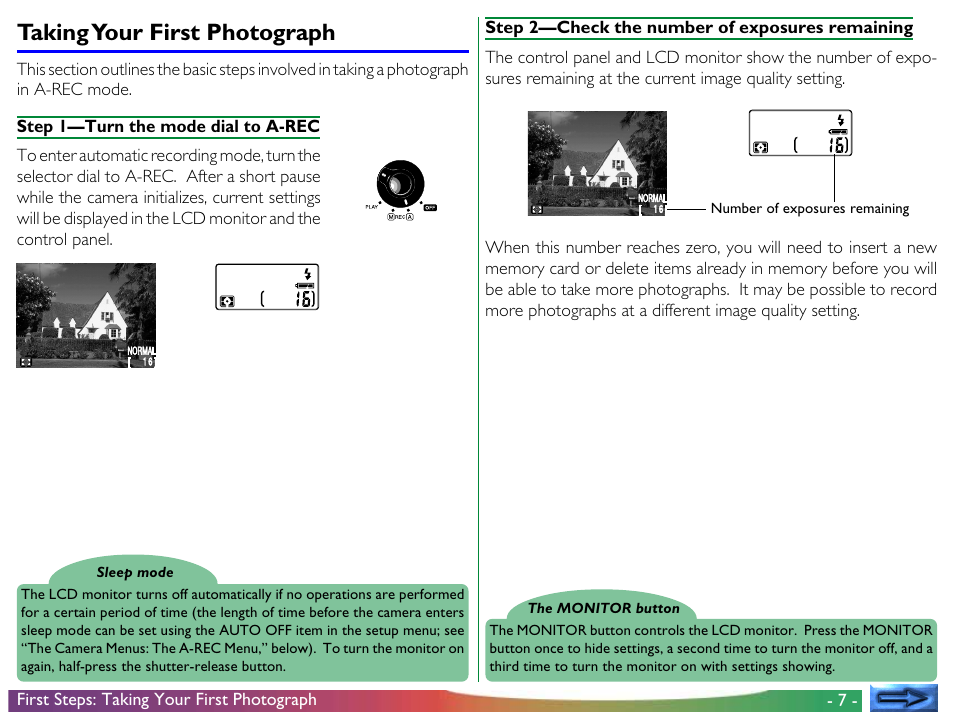 Taking your first photograph, First steps: taking your first photograph | Nikon 800 User Manual | Page 7 / 53