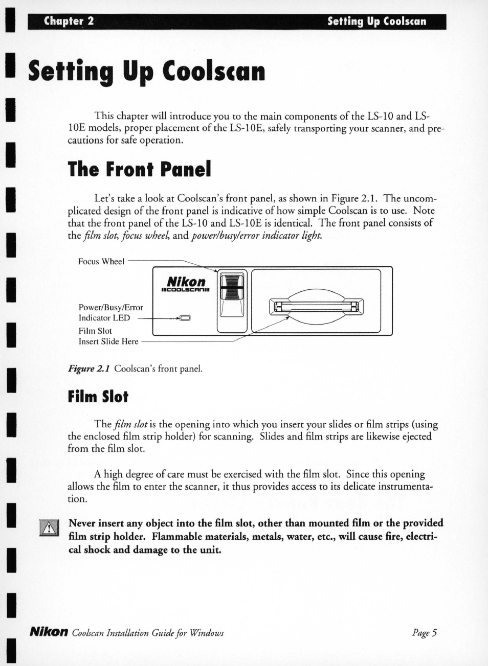 Setting up coolscan, The front panel, Film slot | Nikon LS-10 Installation Guide for Windows User Manual | Page 12 / 72