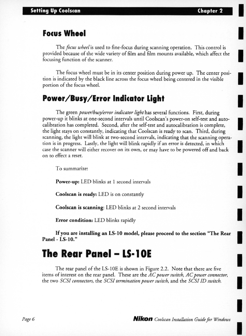 Focus wheel, Power/busy/error indicator light, The rear panel - ls-10e | The rear panel - ls-loe | Nikon LS-10 Installation Guide for Windows User Manual | Page 13 / 72