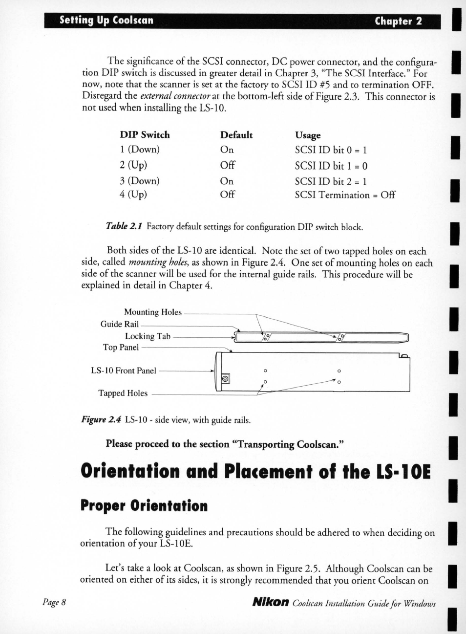 Orientation and placement of the ls-10e, Proper orientation, Orientation and placement of the ls-loe | Nikon LS-10 Installation Guide for Windows User Manual | Page 15 / 72