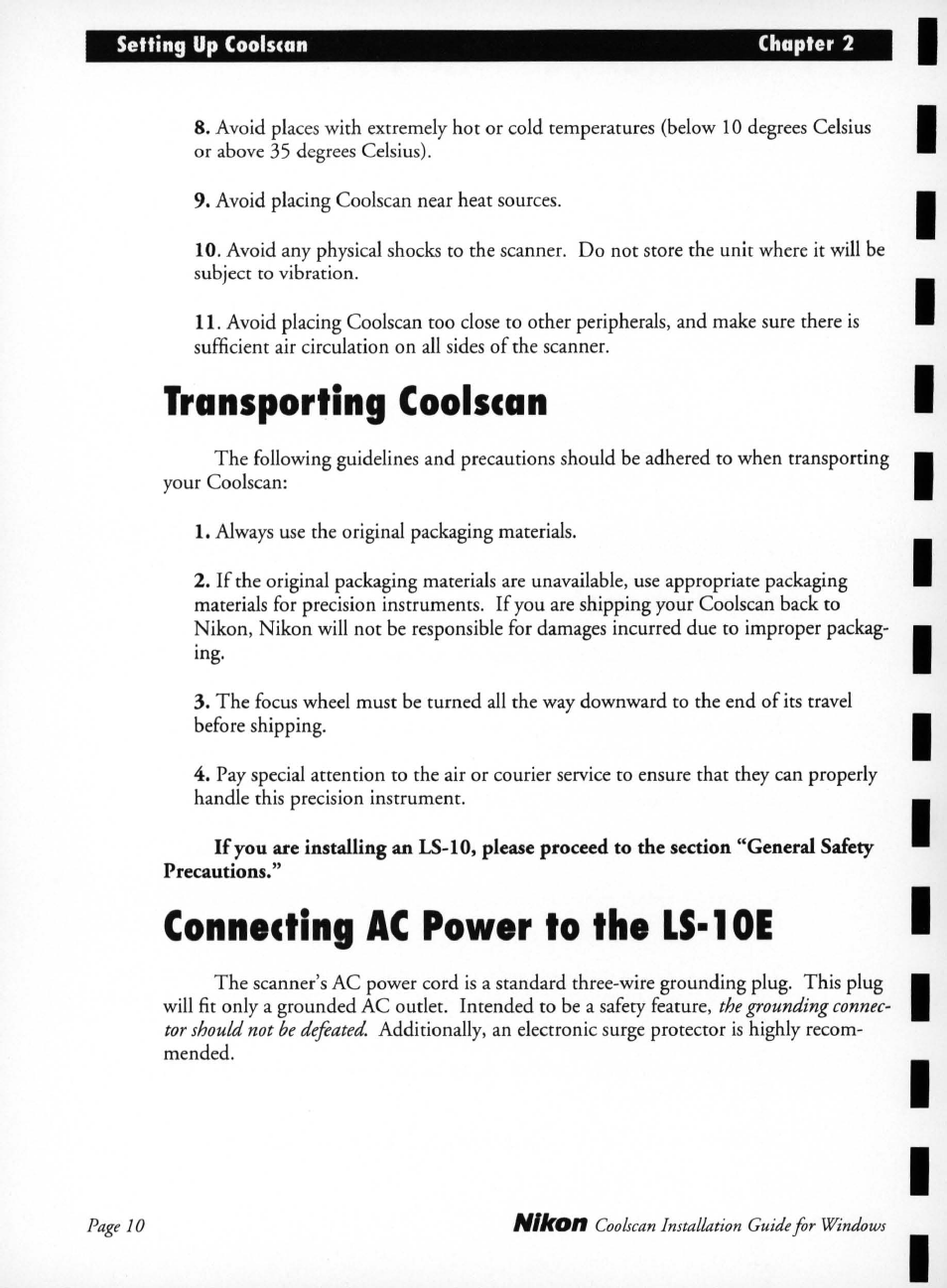 Transporting coolscan, Connecting ac power to the ls-10e, Connecting ac power to the ls-1oe | Nikon LS-10 Installation Guide for Windows User Manual | Page 17 / 72